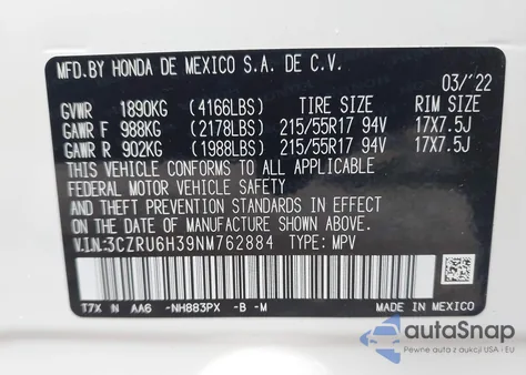 2022 Honda Hr-V Awd Lx из США, поврежденный, VIN 3CZRU6H39NM762884
